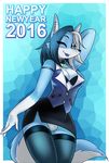  2016 anthro bra breasts bulge canine cleavage clothed clothing collar dickgirl ear_piercing hi_res holidays intersex legwear luna lunarnight mammal miniskirt new_year one_eye_closed panties piercing pinup pose skirt sparkydb stockings thigh_highs tongue tongue_out underwear wink wolf 