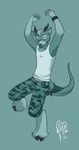  2011 anthro clothed clothing digital_media_(artwork) fur grey_fur hooves horn hybrid kittydee looking_down male mammal monochrome one_leg_up shirt shorts simple_background smile solo standing tank_top wristband 