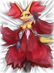 anthro bed breasts dakimakura_design delphox female looking_at_viewer lying nintendo on_back on_bed pok&eacute;mon shiron_(artist) small_breasts solo sweat video_games waving wide_hips 