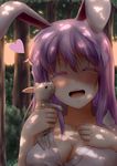  :d ^_^ animal animal_ears blouse blush breasts bunny bunny_ears cheek_kiss cleavage closed_eyes collarbone colored_eyelashes cuddling dappled_sunlight forest happy heart jogie_(artist) kiss large_breasts long_hair nature necktie open_clothes open_mouth open_shirt purple_hair reisen_udongein_inaba shirt smile solo sunlight teeth touhou 