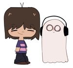  ambiguous_gender blush brown_hair clothing footwear foster&#039;s_home_for_imaginary_friends ghost hair headset human leaf-submas male mammal napstablook protagonist_(undertale) shoes smile spirit undertale video_games 