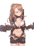  armor arms_behind_back bdsm beatrix_(granblue_fantasy) belt bikini_armor blush bondage bound breasts brown_eyes brown_hair cancer_(zjcconan) cleavage cowboy_shot granblue_fantasy hair_ornament highres large_breasts lips long_hair looking_at_viewer midriff nail navel open_fly shorts simple_background solo tears torn_clothes unbuckled_belt white_background 
