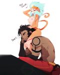  annoyed anthro black_hair breasts clothed clothing duo ear_piercing facepalm facial_hair female goatee green_hair hair half-dressed headband human male mammal monkey muscular nipples nude piercing primate riding sitting small_breasts smile stickysheep tattoo topless 