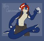  anthro blush christmas clothed clothing cyan_eyes english_text fish hair half-closed_eyes hat holidays kittydee looking_at_viewer male marine navel red_hair santa_hat shark simple_background smile solo standing text 