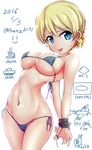  2016 aircraft airplane arms_behind_back bdsm bikini blonde_hair blue_bikini blue_eyes bound bound_thumbs bound_wrists braid breasts chain cowboy_shot cup darjeeling dated english franz_(217franz) girls_und_panzer ground_vehicle highres large_breasts looking_at_viewer micro_bikini military military_vehicle motor_vehicle navel open_mouth short_hair side-tie_bikini skindentation smile snail solo standing string sweatdrop swimsuit tank teacup twitter_username 