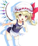  apron bent_over blonde_hair blush crystal fang flandre_scarlet hat hat_ribbon looking_at_viewer mob_cap one-piece_swimsuit open_mouth red_eyes ribbon school_swimsuit short_hair side_ponytail smile solo swimsuit thighhighs tirotata touhou waist_apron white_background white_legwear wings 