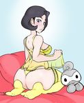  ass bad_id bad_tumblr_id bed black_eyes black_hair bra breasts castform from_behind gen_3_pokemon highres huge_ass lingerie looking_back medium_breasts mollythewhopped on_bed panties parasol_lady_(pokemon) pillow pokemon pokemon_(creature) see-through seiza short_hair sitting solo stuffed_toy thighhighs thong underwear yellow_legwear yellow_panties 