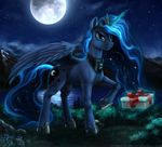 2015 absurd_res blue_eyes blue_fur blue_hair bra1neater crown cutie_mark detailed equine feathered_wings feathers female feral friendship_is_magic fur gift grass hair hi_res horn looking_at_viewer magic mammal moon mountain my_little_pony outside plant princess_luna_(mlp) sky solo star water winged_unicorn wings 