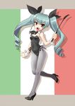  :d anchovy animal_ears bare_shoulders blush brown_eyes bunny_girl bunny_tail detached_collar drill_hair drop_shadow flag_background full_body girls_und_panzer green_eyes grey_legwear hair_ribbon high_heels holding italian_flag katahira_masashi leotard long_hair looking_at_viewer necktie open_mouth pantyhose playboy_bunny_leotard ribbon riding_crop side-tie_leotard smile solo tail twin_drills twintails wrist_cuffs 
