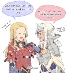  armor blonde_hair blue_eyes blush bodysuit breastplate breasts brown_eyes caitlin_glass cape cosplay costume_switch dark_skin elma_(xenoblade_x) fire_emblem fire_emblem_echoes:_mou_hitori_no_eiyuuou gloves hair_ornament helmet highres jewelry long_hair matilda_(fire_emblem) multiple_girls nintendo open_mouth polearm seiyuu_connection shirohunter simple_background smile weapon white_hair xenoblade_(series) xenoblade_chronicles_x 