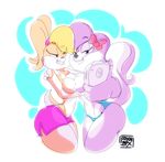  abstract_background big_breasts bow breast_squish breasts clothed clothing female female/female fifi_la_fume foxnbox half-dressed lagomorph lola_bunny looney_tunes mammal rabbit selfie shorts sketch skunk smile tiny_toon_adventures topless warner_brothers 