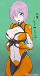  blush bodysuit breasts fate/grand_order fate_(series) flying_sweatdrops hair_over_one_eye highres large_breasts mash_kyrielight open_mouth orange_bodysuit purple_eyes purple_hair short_hair simple_background solo translation_request twitter_username utu_(ldnsft) 
