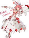 1girl ato_(haru_ato) blue_eyes bouquet breasts character_name cleavage cleavage_cutout clover dress earrings elphelt_valentine female flower four-leaf_clover gloves guilty_gear guilty_gear_xrd gun haru_ato highres jewelry large_breasts pink_hair short_hair smile solo spikes veil weapon white_dress 