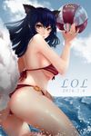  absurdres ahri animal_ears ball beachball bikini breasts copyright_name ctrlz77 dated fox_ears fox_tail highres large_breasts league_of_legends long_hair multiple_tails sky solo swimsuit tail whisker_markings yellow_eyes 