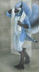  2015 absurd_res anthro arorcinus avian bathroom beak bird bj_(character) black_feathers black_scales blue_feathers blue_jay corvid digital_media_(artwork) digitigrade dripping feathers hi_res inside looking_at_viewer male multicolored_feathers nude orange_eyes reflection scales shower solo standing talons towel white_feathers wings 