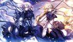  armor armored_dress blonde_hair blue_eyes braid capelet dress dual_persona fate/apocrypha fate/grand_order fate_(series) faulds flag gauntlets headpiece highres jeanne_d'arc_(alter)_(fate) jeanne_d'arc_(fate) jeanne_d'arc_(fate)_(all) long_hair multiple_girls purple_eyes revision shinooji single_braid thighhighs 