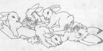  anthro anthro_on_feral bestiality feral greyscale group jake_cottontail lagomorph male male/male mammal mizzyam monochrome pencil_(artwork) rabbit size_difference traditional_media_(artwork) 