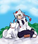  alternate_eye_color animal animal_ears blush detached_sleeves dog fingerless_gloves gloves hat highres inubashiri_momiji mashiki pom_pom_(clothes) sandals short_hair silver_hair sitting sitting_on_rock smile solo tail tokin_hat touhou wolf_ears wolf_tail yellow_eyes 