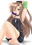  armpits barefoot blush bow brown_hair eggplant foot_tickling green_eyes hair_bow hair_ornament if_(choujigen_game_neptune) long_hair looking_at_viewer neptune_(series) one_eye_closed sexually_suggestive sitting solo tears white_background yuriesu 