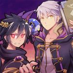  black_hair book coat dark_pit fire_emblem fire_emblem:_kakusei kid_icarus kid_icarus_uprising kirby_(series) male_my_unit_(fire_emblem:_kakusei) mask mask_on_head meta_knight multiple_boys my_unit_(fire_emblem:_kakusei) poo red_eyes smile super_smash_bros. white_hair wings yellow_eyes 