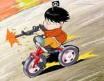  black_hair casual facial_mark firing ground_vehicle hatabou head_flag henocchi jacket male_focus mini_flag osomatsu-kun riding road solo tricycle whisker_markings 