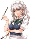  apron blue_eyes bow braid breast_hold breasts green_bow green_neckwear green_ribbon hair_bow holding holding_knife holding_weapon izayoi_sakuya knife large_breasts long_hair looking_at_viewer maid_apron maid_headdress moneti_(daifuku) neck_ribbon parted_lips puffy_short_sleeves puffy_sleeves ribbon shirt short_hair short_sleeves silver_hair simple_background solo touhou twin_braids upper_body weapon white_background white_shirt 