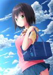  bag blazer brown_hair cloud day green_eyes highres jacket looking_at_viewer oekakizuki original school_bag school_uniform short_hair skirt sky smile solo 