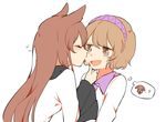  animal_ears bad_id bad_pixiv_id brown_eyes brown_hair cheek_kiss chin_grab closed_eyes dress hair_between_eyes hairband imaizumi_kagerou kiss long_hair looking_at_another misha_(hoongju) multiple_girls open_mouth purple_hairband shirt short_hair sweatdrop touhou tsukumo_yatsuhashi white_dress white_shirt wolf_ears 