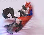  anthro black_sclera blue_eyes breasts canine clothing cuddling digimon digitigrade doomthewolf duo female fox fur gloves grey_fur hand_on_arm head_against_chest male male/female mammal nude orange_fur renamon smile tail_hug white_fur yin_yang 