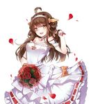  :d adjusting_hair ahoge bangs blush bouquet breasts brown_hair cleavage collarbone double_bun dress flower hair_rings headband holding jewelry kantai_collection kongou_(kantai_collection) long_hair looking_at_viewer medium_breasts natie_(latte) necklace open_mouth petals rose simple_background smile solo wedding_dress white_background wristband yellow_eyes 