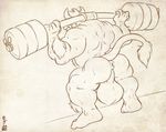  anthro anus backsack balls barbell biceps big_balls big_butt big_muscles body_hair bovine butt cattle clenched_teeth exercise fur hair holding_object horn humanoid_feet male mammal modem_redpill muscular muscular_male nude plantigrade raised_tail solo standing sweat teeth thick_thighs weightlifting weights workout 