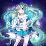  :d aqua_hair armband bare_shoulders blush camisole collarbone cowboy_shot earth frilled_skirt frills hatsune_miku lavender_eyes long_hair looking_at_viewer natie_(latte) open_mouth planet skirt smile solo space star_(sky) thighhighs twintails very_long_hair vocaloid wavy_hair white_legwear zettai_ryouiki 
