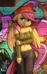  2016 absurd_res anthro anthrofied audrarius clothed clothing equine feathered_wings feathers female fluttershy_(mlp) friendship_is_magic graffiti hair hi_res long_hair looking_at_viewer mammal my_little_pony navel pegasus pink_hair solo wall wings yellow_skin 