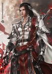  absurdres armor artist_name black_hair character_request cloud cloudy_sky collarbone cowboy_shot gauntlets grey_eyes highres jian_xia_qing_yuan jian_xia_qing_yuan_online_3 jx_online looking_afar male_focus monkey_buonarroti petals sky solo staff watermark 