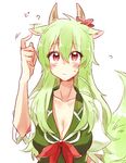  animal_ears bow breasts cleavage ex-keine green_hair horn_ribbon horns kamishirasawa_keine large_breasts long_hair looking_up red_eyes ribbon six_(fnrptal1010) solo tail touhou 