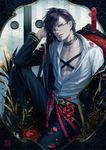  akashi_kuniyuki chair glasses green_eyes hair_ornament hairclip male_focus open_clothes open_shirt petals purple_hair realistic shirt sitting solo suda_ayaka touken_ranbu 