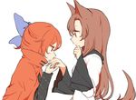  animal_ears bad_id bad_pixiv_id black_shirt brown_hair cape dress from_side hair_between_eyes hair_ribbon hand_kiss hand_to_own_mouth height_difference imaizumi_kagerou jitome kiss long_hair looking_at_another misha_(hoongju) multiple_girls red_eyes red_hair ribbon sekibanki shirt short_hair tail touhou white_dress wide_sleeves wolf_ears wolf_tail 