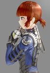  bodysuit brown_hair can gloves grey_background grey_eyes holding holding_can kfr looking_afar original pilot_suit science_fiction short_ponytail sipping solo tied_hair 