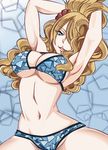  arms_up bikini blonde_hair blue_eyes breasts cowboy_shot fairy_tail hair_ornament hair_over_one_eye highres jenny_realight large_breasts long_hair looking_at_viewer midriff murabito_sono2 navel solo swimsuit wavy_hair 