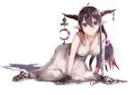 all_fours antenna_hair bad_id bad_pixiv_id bandaged_arm bandages bare_shoulders black_gloves breasts crescent danua draph dress fingerless_gloves gloves granblue_fantasy hair_between_eyes horn_ornament horns jewelry long_hair looking_at_viewer medium_breasts parted_lips pointy_ears purple_hair qwyte red_eyes simple_background solo white_dress 