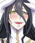  albedo black_hair blush face highres horns looking_at_viewer murabito_sono2 open_mouth overlord_(maruyama) slit_pupils solo sweatdrop white_background yellow_eyes 