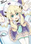  absurdres blonde_hair blue_eyes book hair_ornament hands_up happy_new_year hat highres histoire kisaragi_(kisaragi0930) looking_at_viewer neptune_(series) new_year open_mouth outstretched_hand smile solo twintails wings 