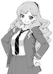  absurdres akitsuki_itsuki drill_hair greyscale grin hands_on_hips highres long_hair looking_at_viewer monochrome necktie original school_uniform simple_background skirt smile solo teeth white_background 