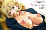  blonde_hair blue_eyes breasts breasts_outside formal gundam gundam_tekketsu_no_orphans large_breasts looking_at_viewer merribit_stapleton nipples nolia puffy_nipples short_hair smile solo suit suit_jacket 