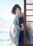  black_hair blue_eyes cup haori japanese_clothes male_focus mole mole_under_eye open_mouth ponytail scarf shinsengumi side_handle_teapot signature smile solo suda_ayaka teapot touken_ranbu tray yamato-no-kami_yasusada yunomi 