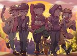  ;3 arm_around_shoulder arm_behind_head arm_on_shoulder bad_id bad_twitter_id baseball_cap baseball_uniform blush brothers capri_pants cat closed_eyes denim esper_nyanko hat hood hoodie jacket jeans leather leather_jacket looking_at_another male_focus matsuno_choromatsu matsuno_ichimatsu matsuno_juushimatsu matsuno_karamatsu matsuno_osomatsu matsuno_todomatsu multiple_boys open_clothes open_jacket osomatsu-kun osomatsu-san pants plaid plaid_shirt porkpie_hat rian_(bdl) self_shot sextuplets shirt siblings smile sportswear sunglasses sunset v walking wristband 