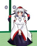  animal_ears blush breasts detached_sleeves hat highres inubashiri_momiji large_breasts looking_at_viewer mashiki pom_pom_(clothes) red_eyes short_hair silver_hair sitting skirt smile solo tail tokin_hat touhou wolf_ears wolf_tail 