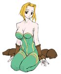  bare_shoulders blonde_hair brass_knuckles breasts cleavage final_fantasy final_fantasy_tactics gauntlets gloves large_breasts misairu_oppai monk_(fft) short_hair sitting solo unitard wariza weapon white_background 