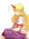  :d arm_warmers blonde_hair blush closed_eyes ear_blush fang green_eyes highres horn hoshiguma_yuugi hug long_hair mizuhashi_parsee multiple_girls open_mouth pointy_ears scarf shirt short_hair six_(fnrptal1010) skirt smile t-shirt touhou translated yuri 