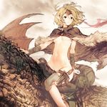  black_eyes blonde_hair boots bottomless breasts cape cristian_penas dagger dragon elf fur_trim groin naked_cloak navel original pointy_ears riding saddle short_hair sketch small_breasts solo_focus thigh_boots thighhighs underboob unfinished weapon 